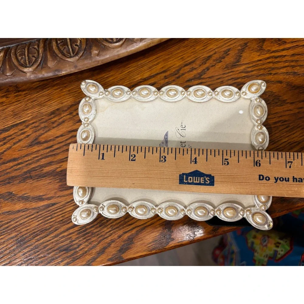 Collette et Cie Silver Tone Faux Pearl Beaded 4x6 Picture Frame Vintage Style